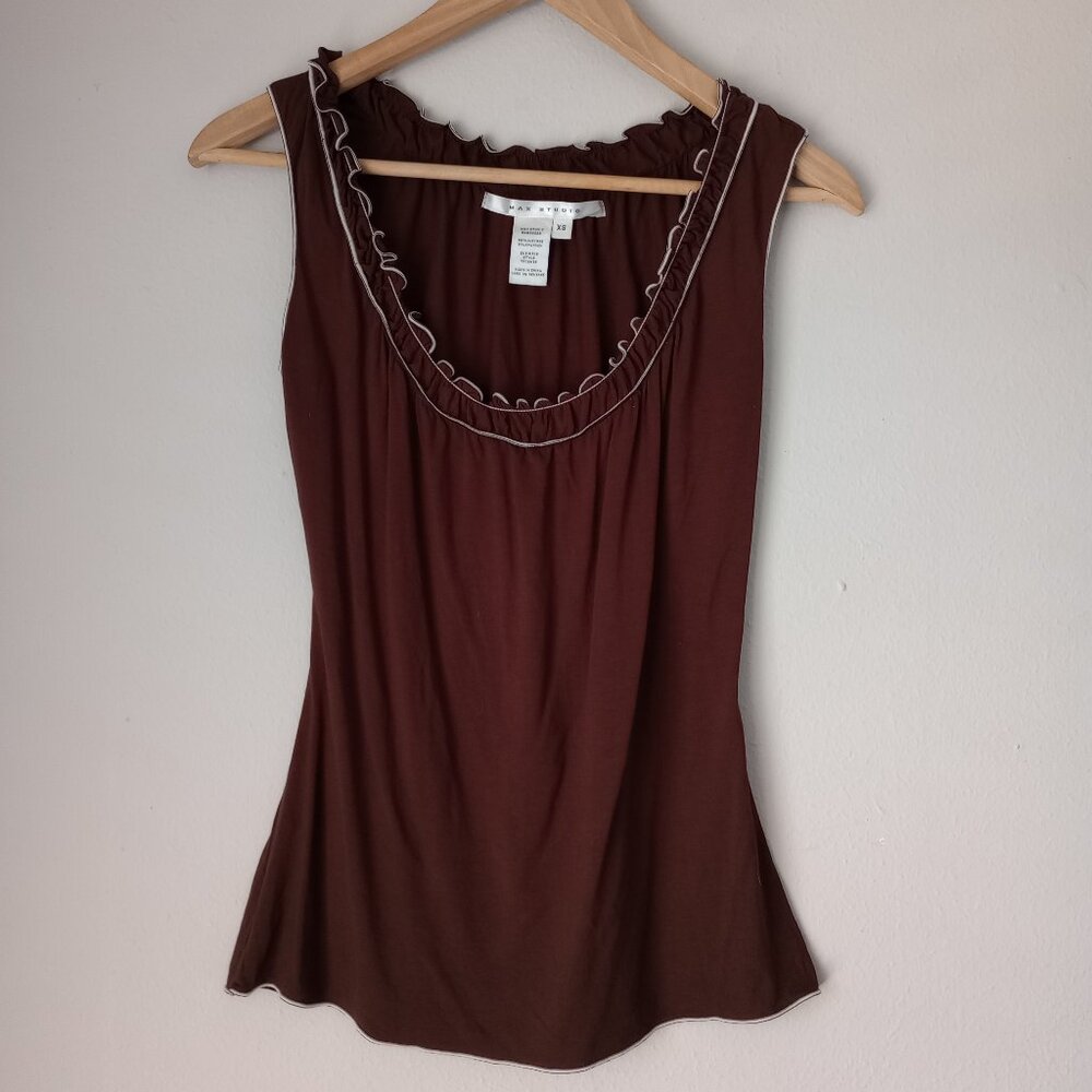 Max Studio XS Brown Sleeveless Top with Ruffle Trim